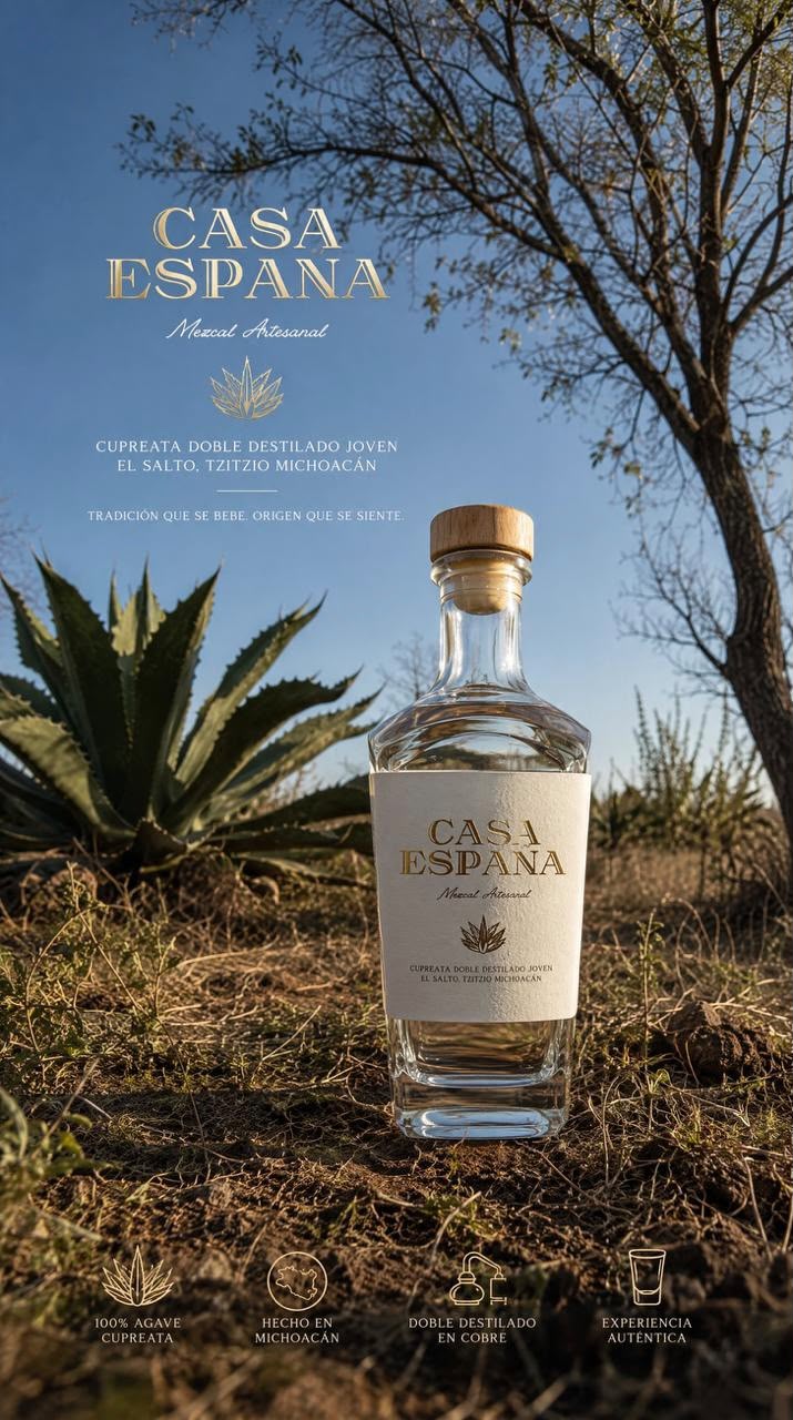 Botella de mezcal Casa España sostenida frente a hojas de agave